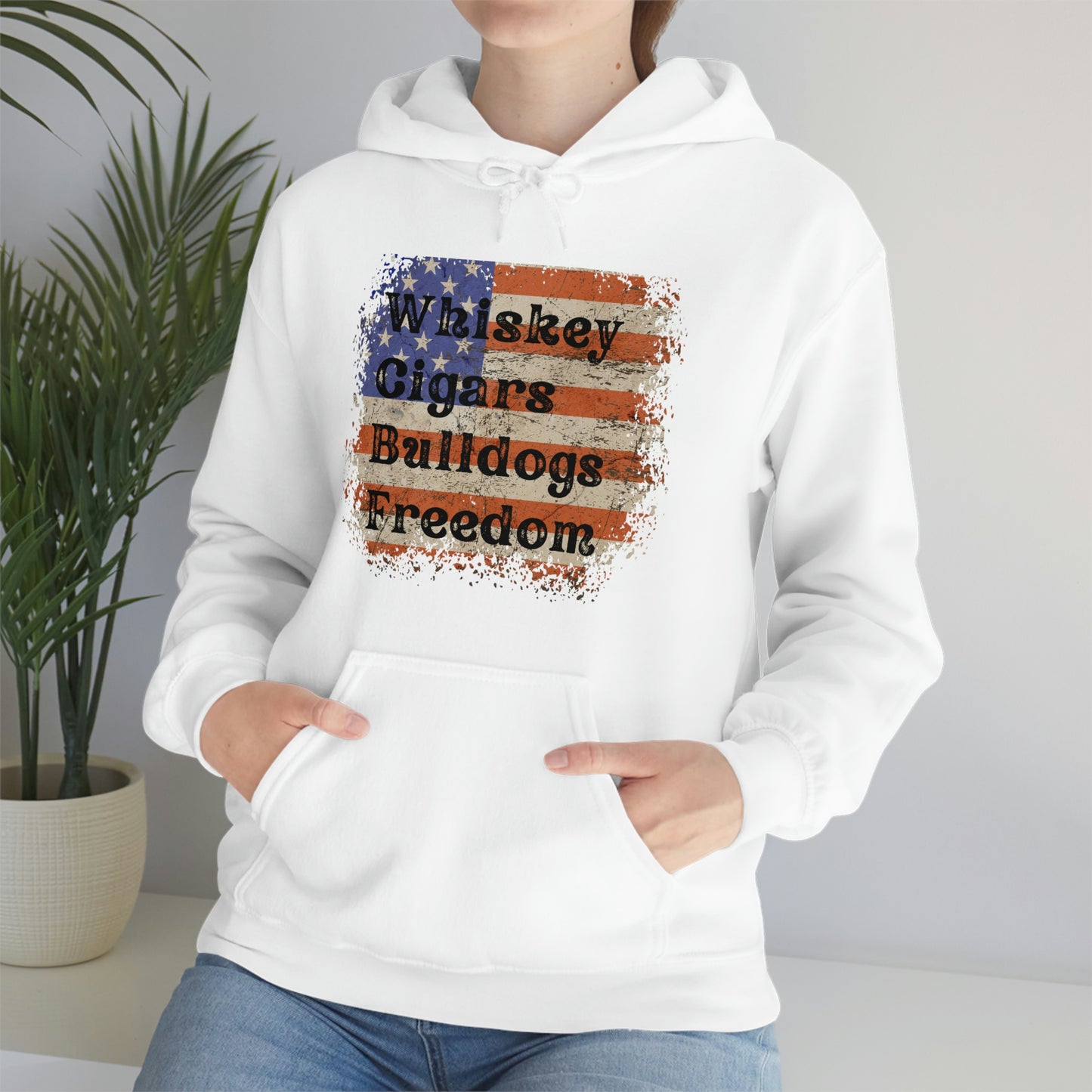 Patriotic Rustic USA Flag Whiskey Cigars Bulldogs Hoodie